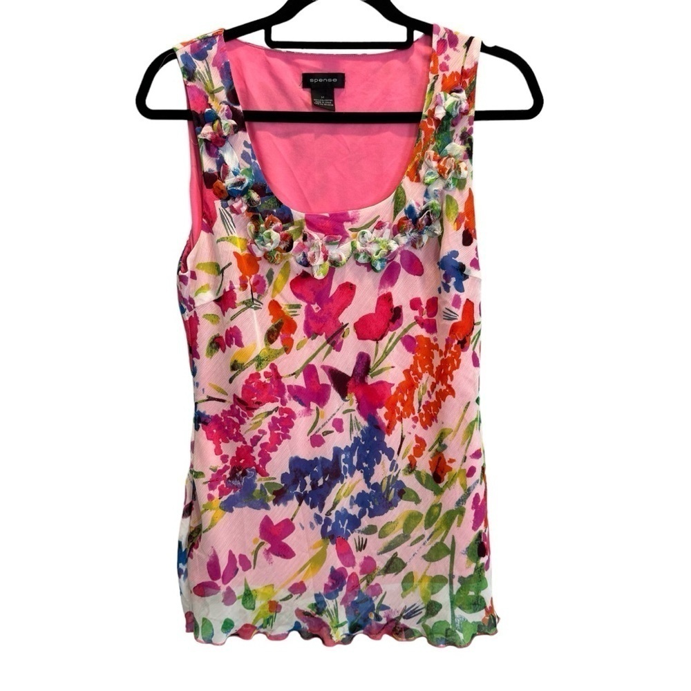 Spence Floral Pink White Multicolor Silky tank sleeveless blouse size Medium